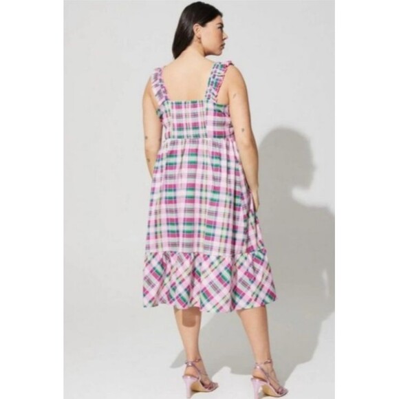Torrid Plaid Green & Pink Poplin Tiered Ruffle Strap Summer Dress Size 3X - Picture 2 of 9